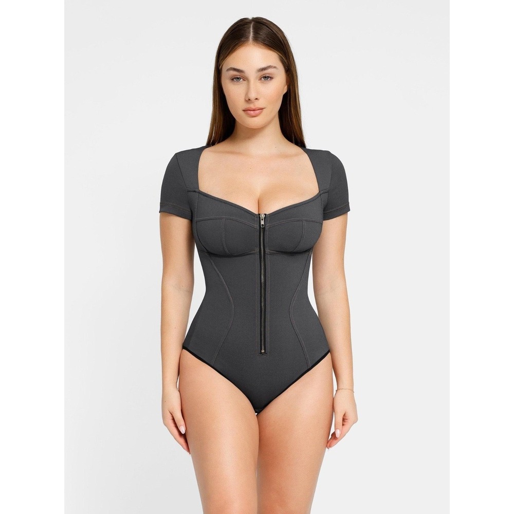 Popilush Women's XL Shapewear Denim Short Sleeve Zip Front Slimming Bodysuit